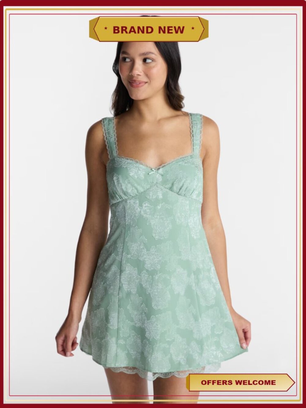 Satin Jacquard Mini Dress with Lace Trim & Bow Tie Back